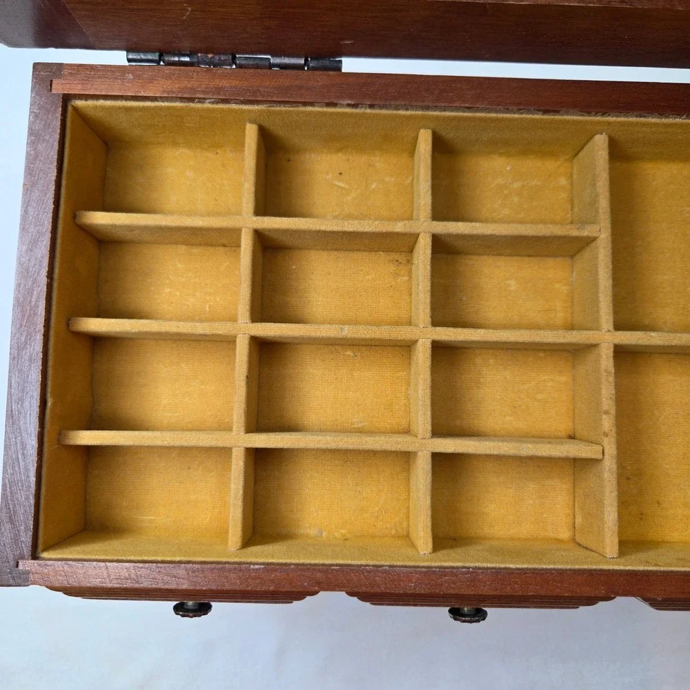 Vtg Sankyo Wooden Musical Jewelry Box Chest Faux Drawer Design Brown Yellow READ
